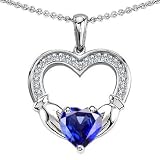 CANDYGEM 14k White Gold Plated 925 Sterling Silver Hands Holding Heart Celtic Love 1inch. Claddagh Pendant with a Large 2 cts. Lab Created Sapphire. Free 18inch Gold Plated Silver Chain. Free High End Gift Box. From the Celtic Love collection by Kelly.