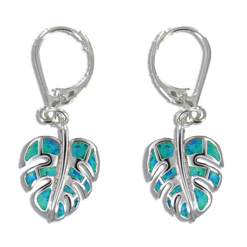 Sterling Silver Hawaiian Blue Opal Monstera Leaf Lever Earrings