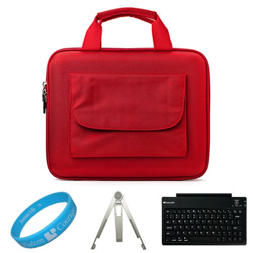 Nylon Red Durable Cube with Pocket Series Carrying Case with Pocket for Lenovo IdeaPad Tablet K1 10.1-inch Display Wireless Computer Tablet + Universal Silver Tablet Stand + SumacLife Wireless Bluetooth Keyboard + SumacLife TM Wisdom*Courage Wristband