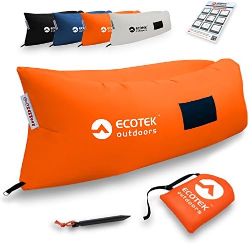 Inflatable Air Hammock Lounge with Premium Ripstop Fabric, Three Elastic Pockets, Aluminum Alloy Stake, Carry Bag, and One Year Warranty - by EcoTek Outdoors (Orange)
