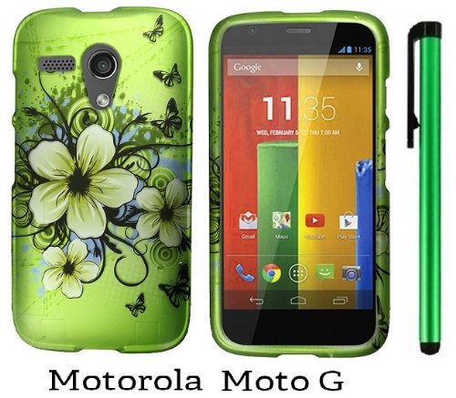 Motorola MOTO G (VERIZON, BOOSTMOBILE) Premium Pretty Design Protector Hard Case Cover + 1 of New Metal Stylus Touch Screen Pen (Apple Green Butterfly Flower)