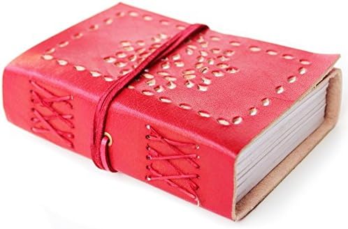 Lokalart Luxury Leather Diary With Cut Work, Writing Book 5.31 X 3.9 Inches Pocket-size Journal Hand Sewn (Red)