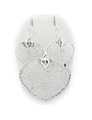 Silver Plated Aspen Real Leaf Pendant Sterling Silver Serpentine Chain Necklace 16, 18, 20 Inch Earrings