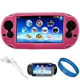 Magenta Premium Protective Silicone Skin Cover for New Sony PSP Vita Portable Handheld Gaming Device + Front and Back Clear Screen Protector + White Stereo Headphones + SumacLife TM Wisdom*Courage Wristband