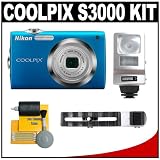 cheap Nikon Coolpix S3000 12.0 Megapixel Digital Camera with 4x Optical Zoom (Blue) with + Flash + Cleaning Kit