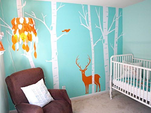 Designer Playground Birch Forest Tree With Buck Deer Bird Vinyl Wall Decal (5 X 100 Inches Tall) D1008 White Tree Orange Accent