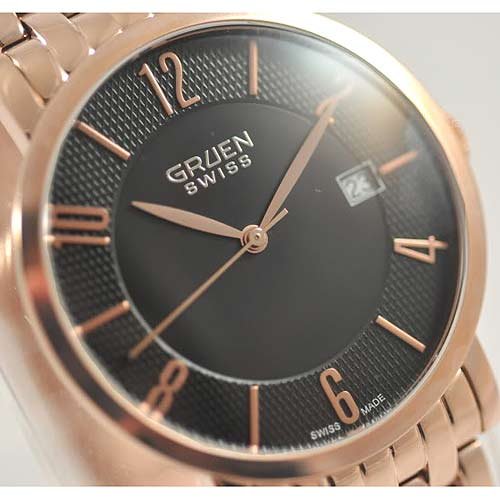GRUEN Men's Swiss Rose Gold-tone Stainless Steel Thin Watch with Black Dial. Model: GSC17-6