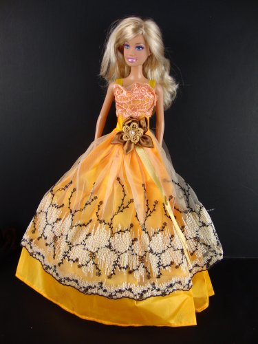 Golden Yellow Ball Gown with White and Black Lace and Brown Flower Made for the Barbie Doll