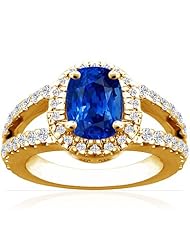 14K Yellow Gold Cushion Cut Blue Sapphire Ring With Sidestones