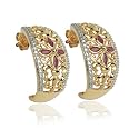 Yellow Gold Overlay Sterling Silver Marquis Ruby Flower and Diamond Accent Half-Hoop Earrings
