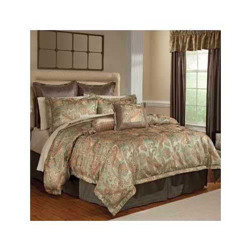 Raymond Waites Bedding, Monaco Green Jacquard 4 Piece King Comforter Set