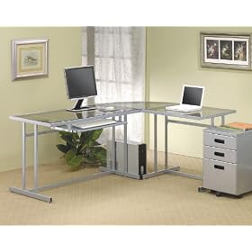 Contemporary L-Shape Silver Metal Glass Top Home Office Computer Desk