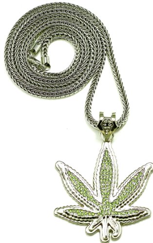 Cannabis Weed Pot Leaf Iced Out Pendant Necklace Silver