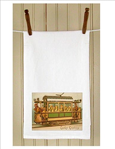Set of 3 Easter Chicks on Trolley Antique Print Flour Sack Kitchen Hand Towels 29â€