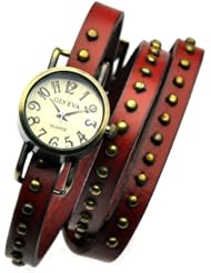 Geneva Retro Watch Womens Punk Wrap Genuine Leather Fashion Watch Rivet Dark-brown Strap