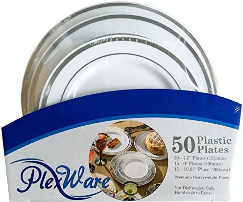 Plexware Silver Rim Plastic Plates 50 Piece Set (20-7.5 Inch, 15 – 9 Inch, 15 - 10.27 Inch) White