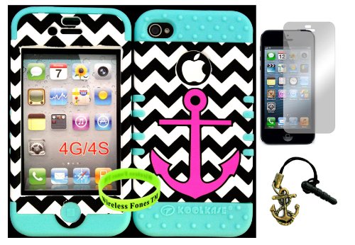 Bumper Case for Apple iphone 4 4G 4S Pink Anchor on Black Chevron Waves Hard Plastic Snap on over Baby Teal Silicone Gel(Wireless fones Wristband,Screenprotector,and Anchor Dust Plug included)