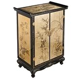Handmade Asian Furniture - 42" Black & Gold Lacquer Wood Pagoda Style Storage Cabinet