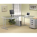 Contemporary L-Shape Silver Metal Glass Top Home Office Computer Desk