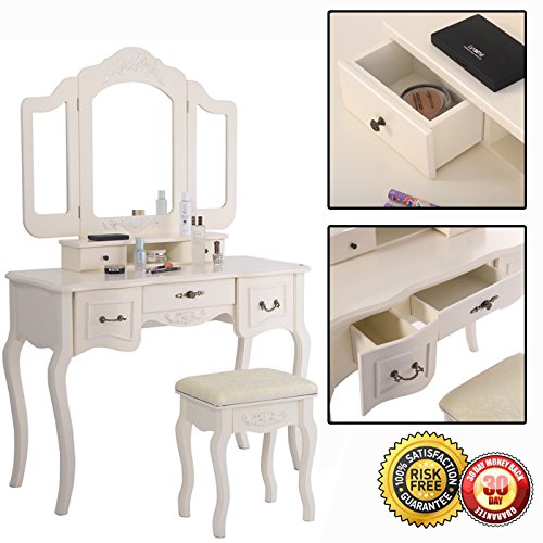 New Tri Folding Vintage White Vanity Makeup Dressing Table Set 5