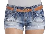 Wallflower Belted Denim Short Shorts with Back Pocket Embroidery and Distressed Cuff