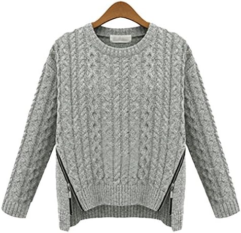 YINMAN Women's Oversized Hem Zip Crew Neck Solid Knitted Pullover Sweater Grey 3XL