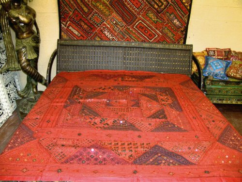 Red Vintage Banjara Embroidered Bedspread Mirror Wall Tapestry Throw 80x90