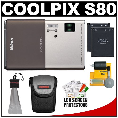 Nikon Coolpix S80 14.1 MP Digital Camera with 3.5-Inch OLED Touch Screen and 5x Wide Zoom-Nikkor ED Lens (Silver and Brown) with (2) Batteries + Case + Cleaning Accessory Kit