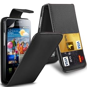 Gadget Giant SAMSUNG GALAXY S2 S II I9100 - Black Supreme Flip PU Leather Case / Cover / Pouch - With Cash Card Slots & LCD Screen Protector - New Slimmer Design