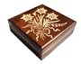 Wooden Box, 5227, Traditional Polish Handcraft, Hinged, Brown with Carved Flowers and Bow, 4.5"x4.5"x1.75".