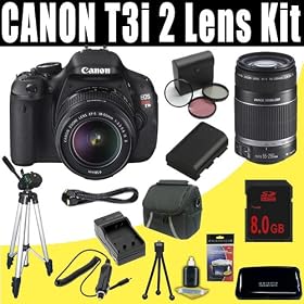 Canon EOS Rebel T3i 18 MP CMOS Digital SLR Camera with EF-S 18-55mm f/3.5-5.6 IS II Zoom Lens & EF-S 55-250mm f/4.0-5.6 IS Telephoto Zoom Lens + 8GB Deluxe Accessory Kit