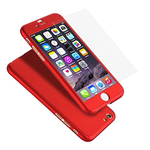 iPhone 5/S/SE , Joyous 360 Degree All-round Full Body Protection Hard Slim Case with Tempered Glass Screen Protector for iPhone 5/5S/SE-red