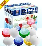 ★New★ - Special Launch Price - Big Balls Wave - Set of 4 X 2.5 Inch Large Silicone Round Sphere Ice Ball Maker Mold - Much Better Than Ice Cube Trays - Perfect for Whiskey Shot Glass, Wine, Fruit Flavor Drinks - The Novelty Ice Balls Melt Slower Than Cubes - BPA Free