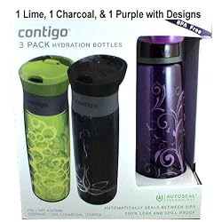 Contigo 3 Pack of BPA Free Hydration Bottles AutoSeal Technology (Lime, Charcoal, Purple *with Design)