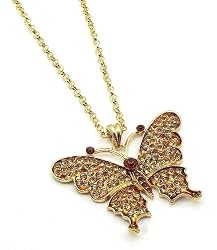 Brown Crystal Studded Gold Butterfly Charm Pendant Necklace Fashion Jewelry