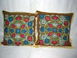 2 Army Green Wool Embroidered Ethnic Designer Pillow Cushion Cover 16"s