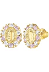 18k Gold Plated Virgen de Guadalupe Screw Back Earrings Cubic Zirconia Girl Kids