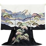 【お宮参り着物】 【黒地系 白鷹2羽に松と波頭の柄】男の子 正絹 手描友禅【風呂敷プレゼント / ギフト対応】