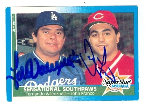 John Franco Reds & Fernando Valenzuela Dodgers autographed 1987 Fleer Senasational Southpaws basebal
