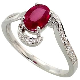 14k White Gold Ring, w/ 0.11 Carat Brilliant Cut Diamonds & 1.15 Carats Oval Cut 7x5mm Ruby Stone, 3/8