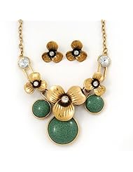 Burn Gold Diamante Flower Necklace With Green Stones & Stud Earrings Set - 42cm Length/ 6cm Extension