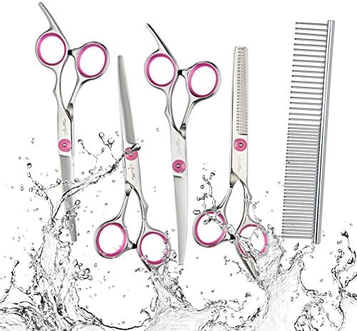 Dog Grooming Scissors, JeeMax 5 Pcs Professional Pet Grooming Scissors for Dog Cat Body Face Ear Nose Trimming- Stainless Steel Shears with Pouch and Clean Cloth