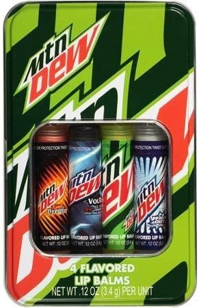 Mountain Dew Flavored Lip Balms, 0.12 oz, 4 count in Collectible Tin Can by Lutta Luv Beauty