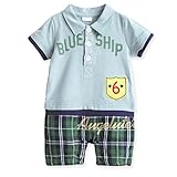 【MINI MAM】 カジュアル ロゴ チェック柄 ロンパース 男の子 ボーイズ キッズ 子ども 73㎝ 80㎝ 緑色 紺色 半袖 サーフ系 ズボン (73㎝, グリーン)