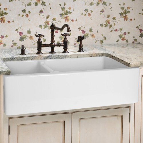 40 Italian Fireclay Offset Double Bowl Farmhouse Kitchen Sink - White