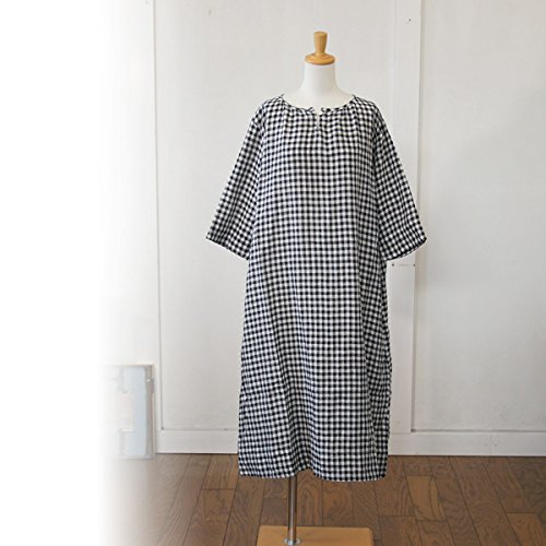(イチ) ICHI リネン生地ギンガムチェック７分袖ワンピース