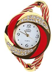 Pythons New Fashion Weaving Set Auger Bangle Wrist Watch Quartz for Women(Red-Gold)