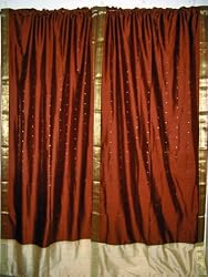 2 Redbrown Beige Art Silk Sari Curtains Drapes Panels Indian Decor 96"