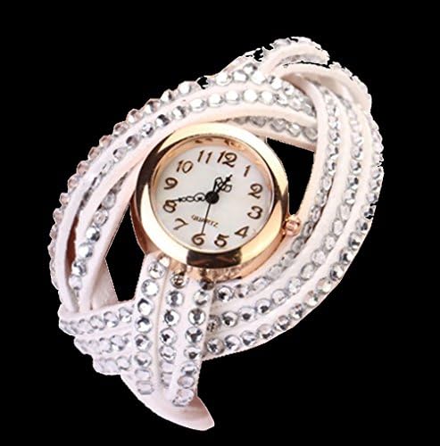 Woman Rhinestone Crystal Weave Wrap White Leather Band Watch