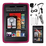 Premium LCD Clear Screen Protector + Pink Silicone Cover Case + Black Rapid Wall Charger + Black Rapid Car Charger + Black Earphone With MIC + Black 3.5mm to 3.5mm male cable for Amazon Kindle Fire By Skque